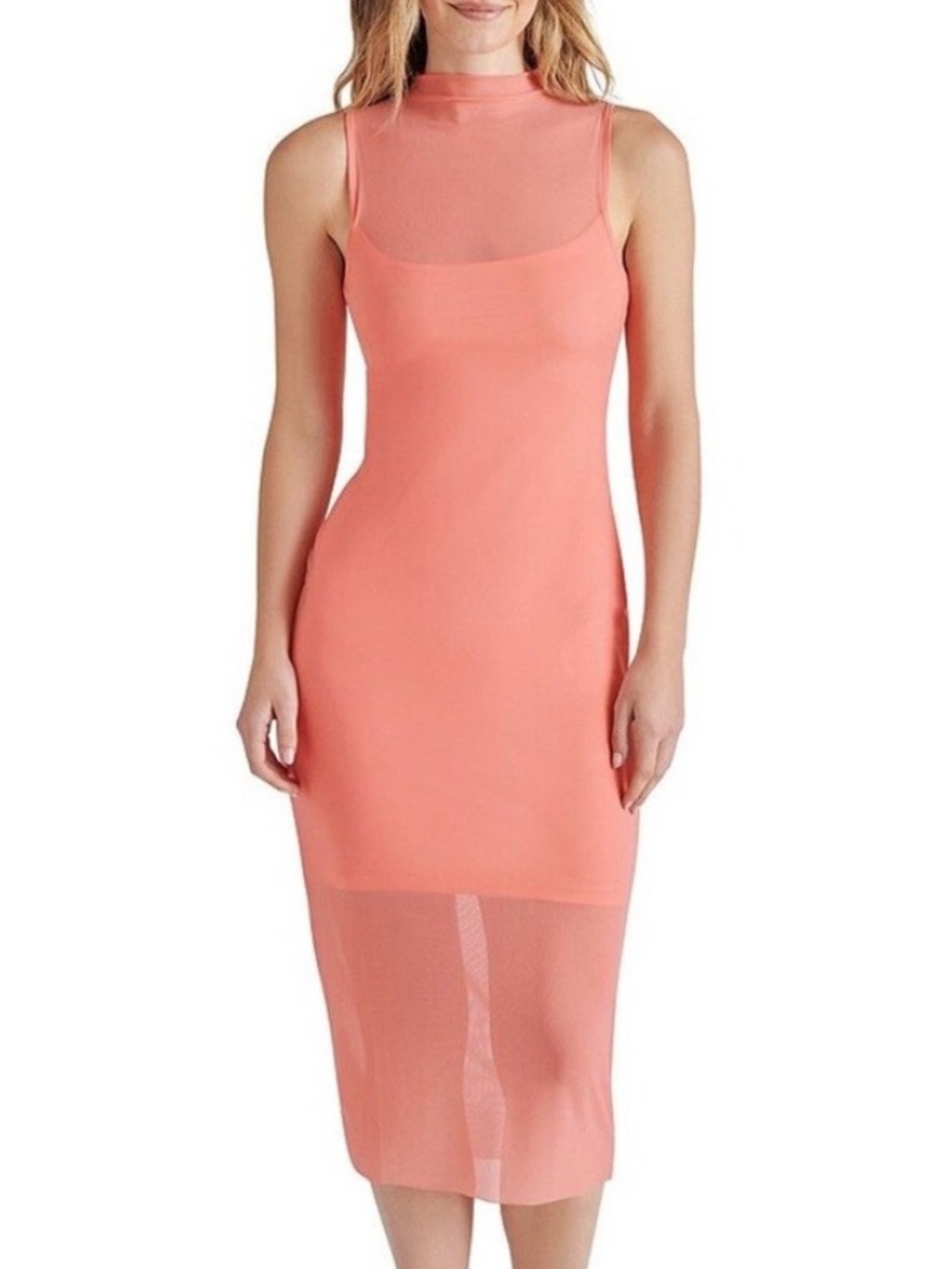 Steve Madden Women XS Sugar Coral Mesh Mock Neck Sidra Bodycon Midi Dress NWT